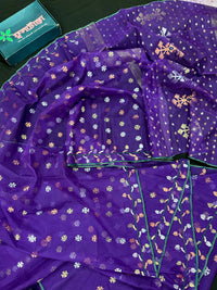 Purple halfsilk jamdani saree golden silver & copper jori work all over soft count.