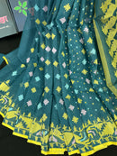 Sea green cotton jamdani saree with yellow pink blue threads work
