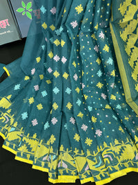 Sea green cotton jamdani saree with yellow pink blue threads work