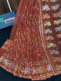 Brown halfsilk jamdani saree with golden silver and copper jori work