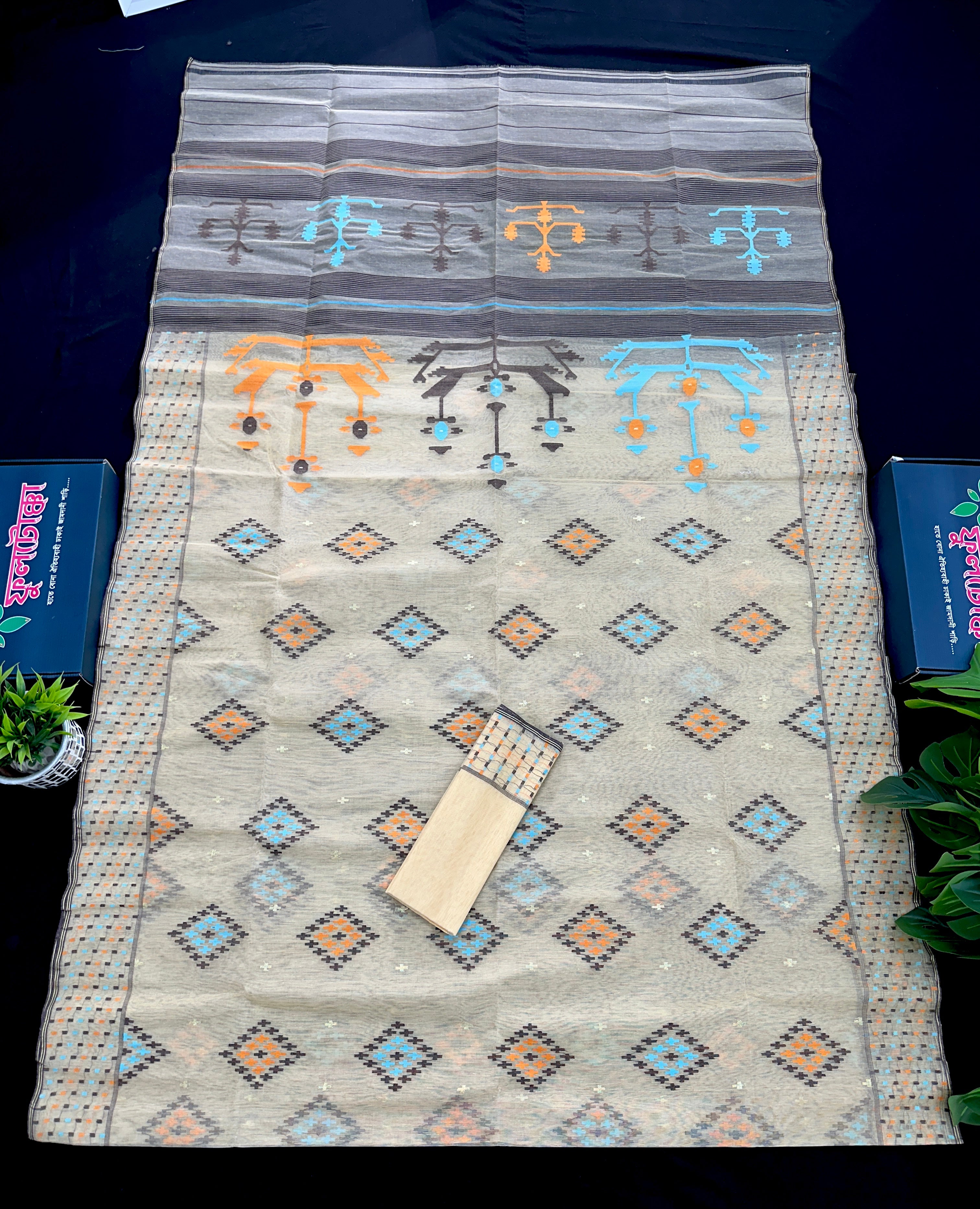 Beige Golden halfsilk jamdani saree with black orange blue threads work