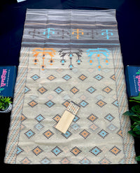 Beige Golden halfsilk jamdani saree with black orange blue threads work