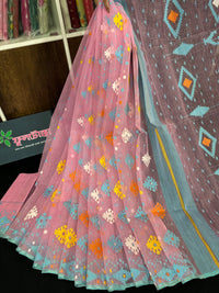Pink jamdani saree with blue yellow white orange threads work