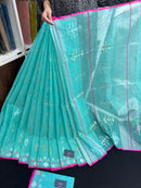 Aqua blue halfsilk handloom original dhakai jamdani saree with golden silver & copper jori work