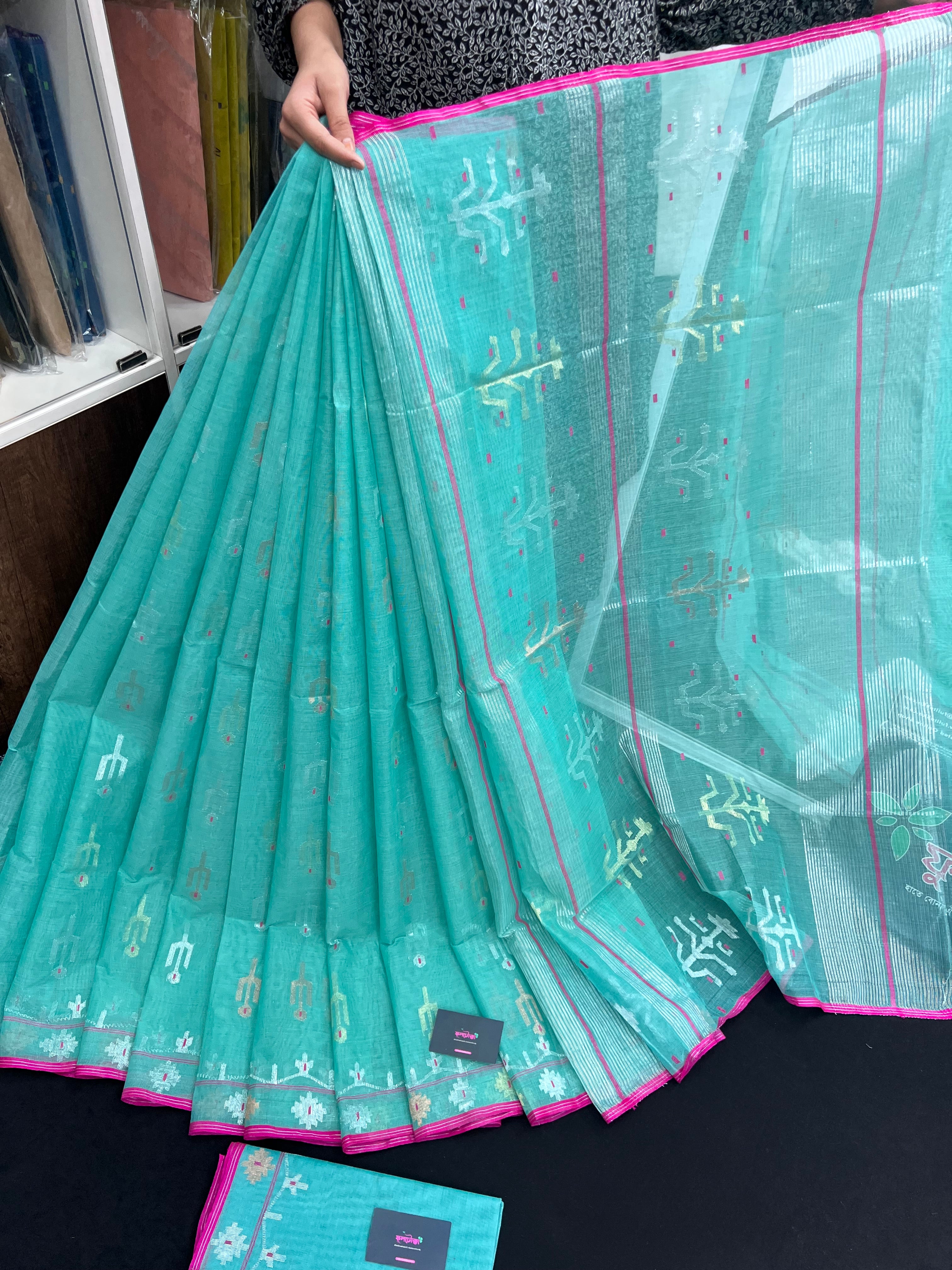 Aqua blue halfsilk handloom original dhakai jamdani saree with golden silver & copper jori work