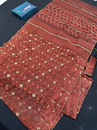 Mehendi brown jamdani saree with golden work.