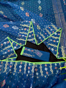 Sea blue dhakai jamdani saree with golden silver & copper jori work soft count.