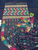 Black cotton jamdani saree with red green yellow multiple threads work