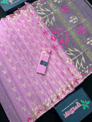 Lux Pink Original Handloom Hslfsilk Dhakai Jamdani Saree With Golden Jori Work and Magenta Threads Work
