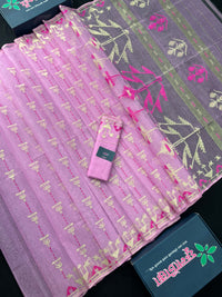 Lux Pink Original Handloom Hslfsilk Dhakai Jamdani Saree With Golden Jori Work and Magenta Threads Work
