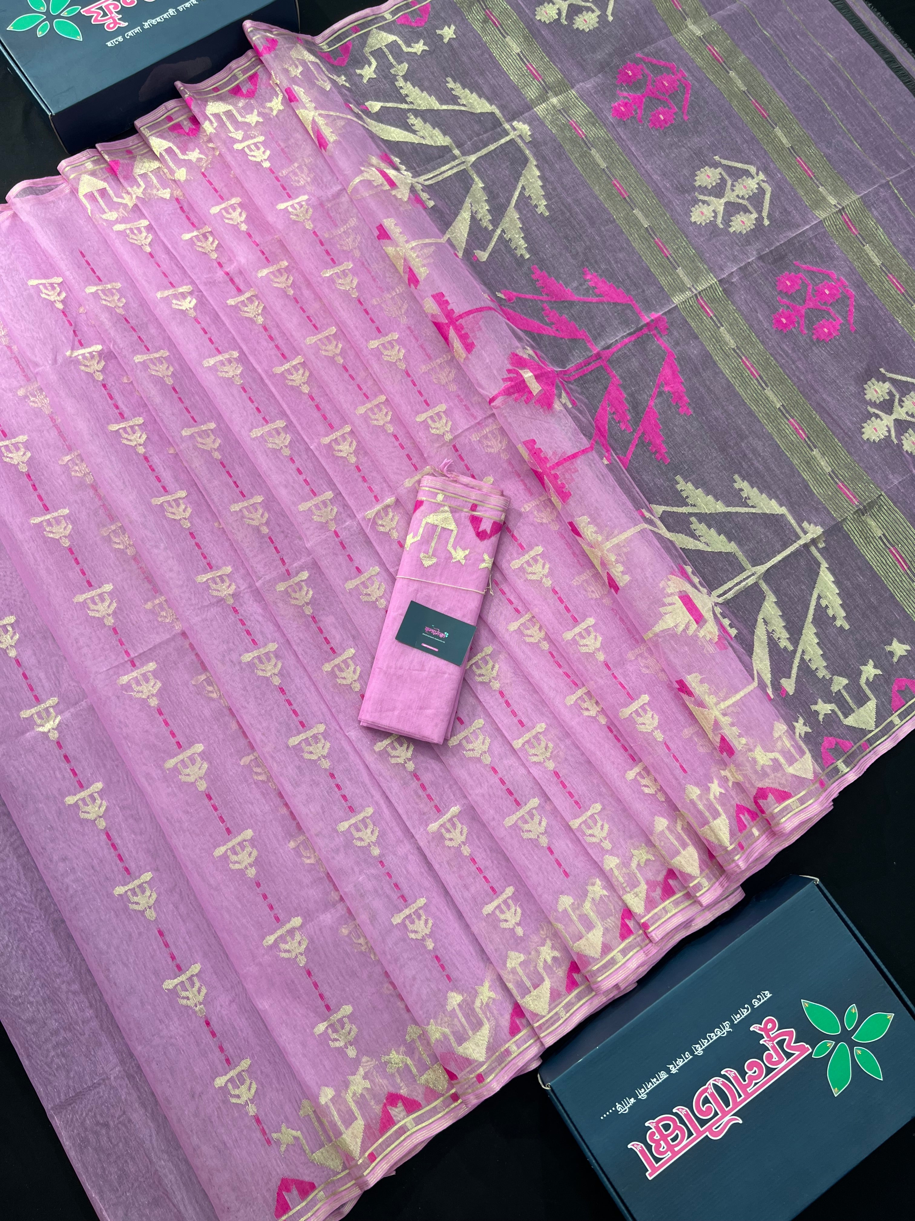 Lux Pink Original Handloom Hslfsilk Dhakai Jamdani Saree With Golden Jori Work and Magenta Threads Work