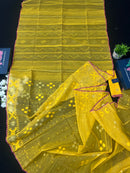 Yellow colour handloom halfsilk dhakai jamdani saree with pink border