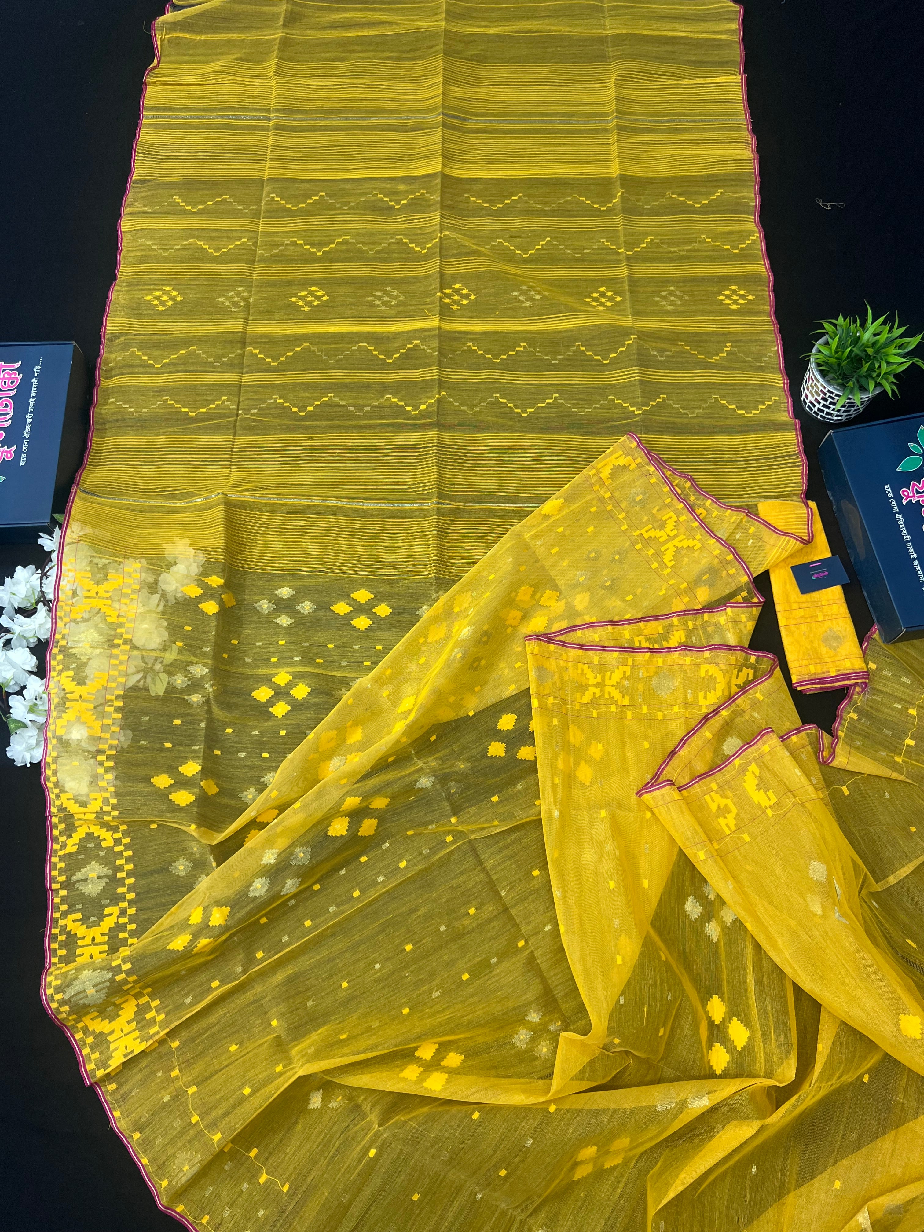 Yellow colour handloom halfsilk dhakai jamdani saree with pink border