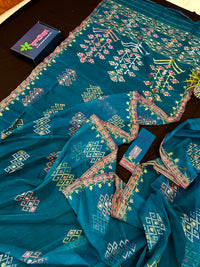 Sea green jamdani saree with golden silver & copper jori work soft count.