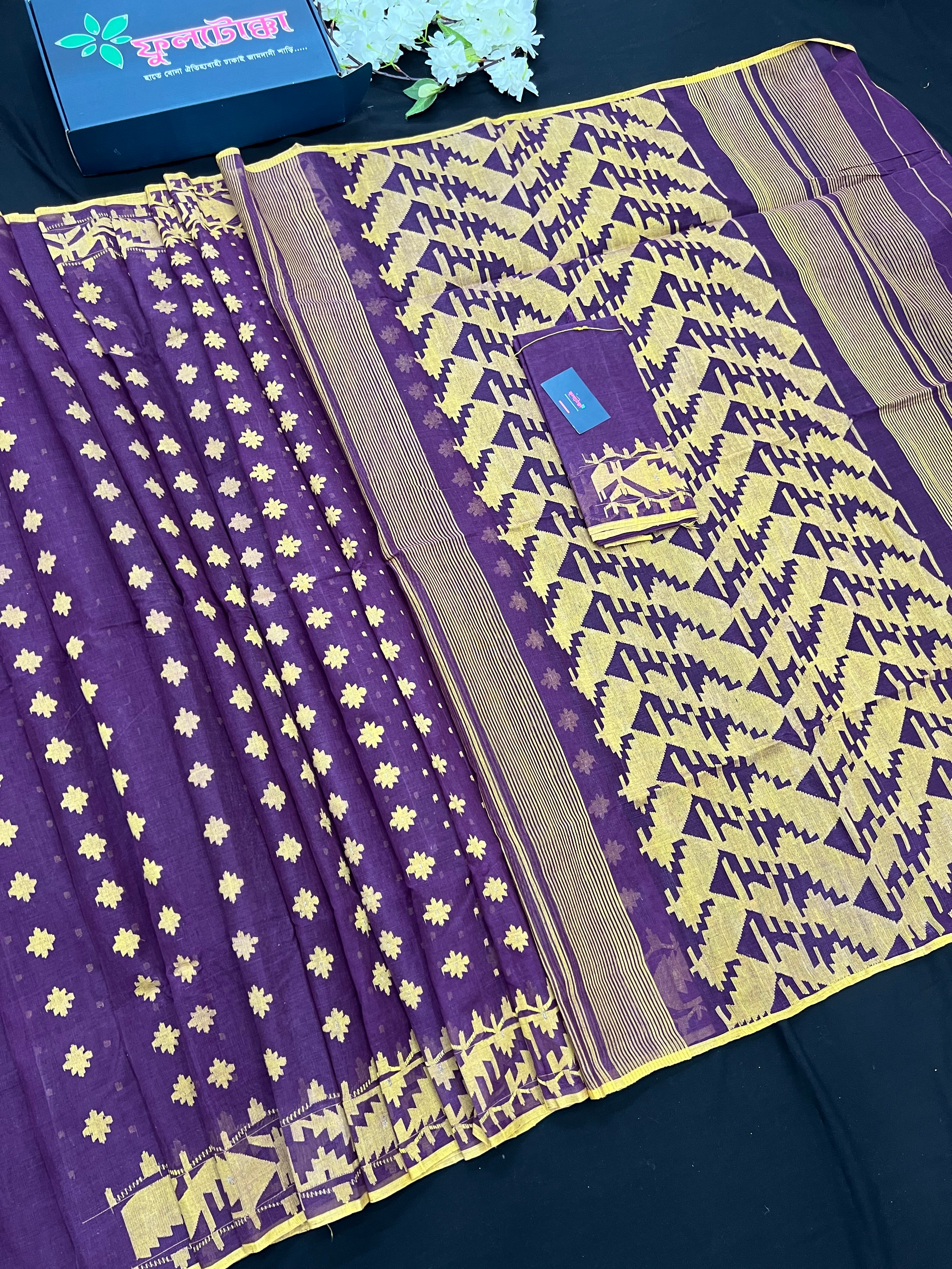Purple Cotton Jamdani Saree With Yellow Threads Work