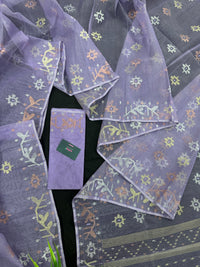 Lite lavender jamdani saree with golden silver copper jori work.