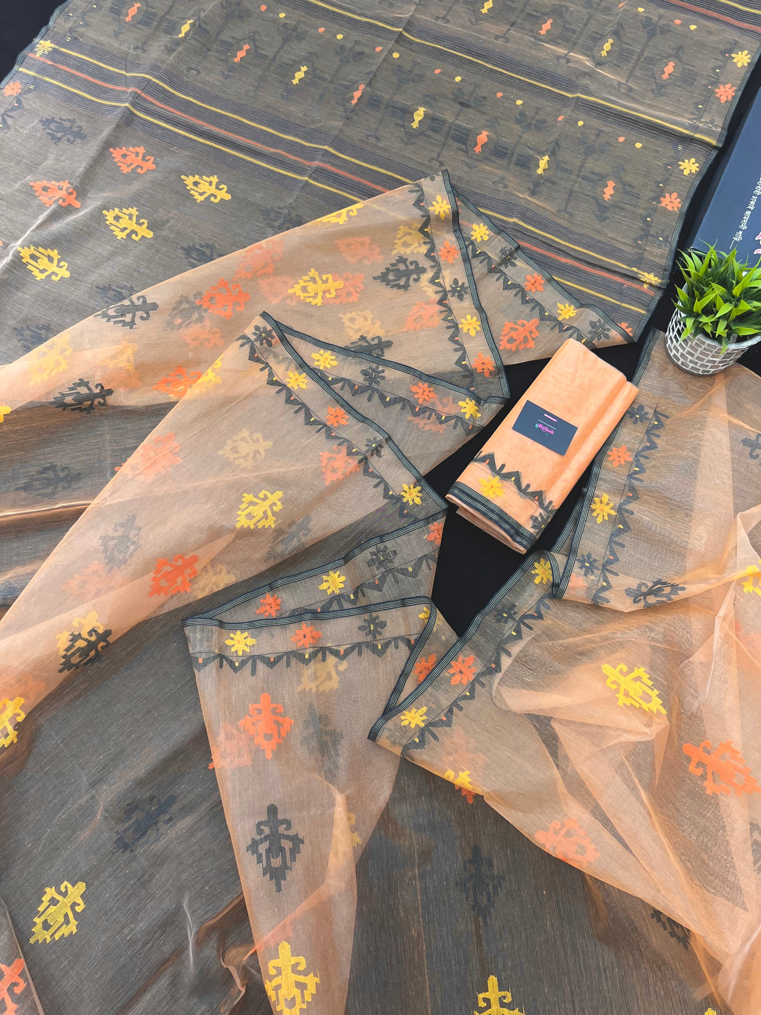 Lite Orange Original Handloom Halfsilk Dhakai Jamdani Saree With Multiple Threads Work