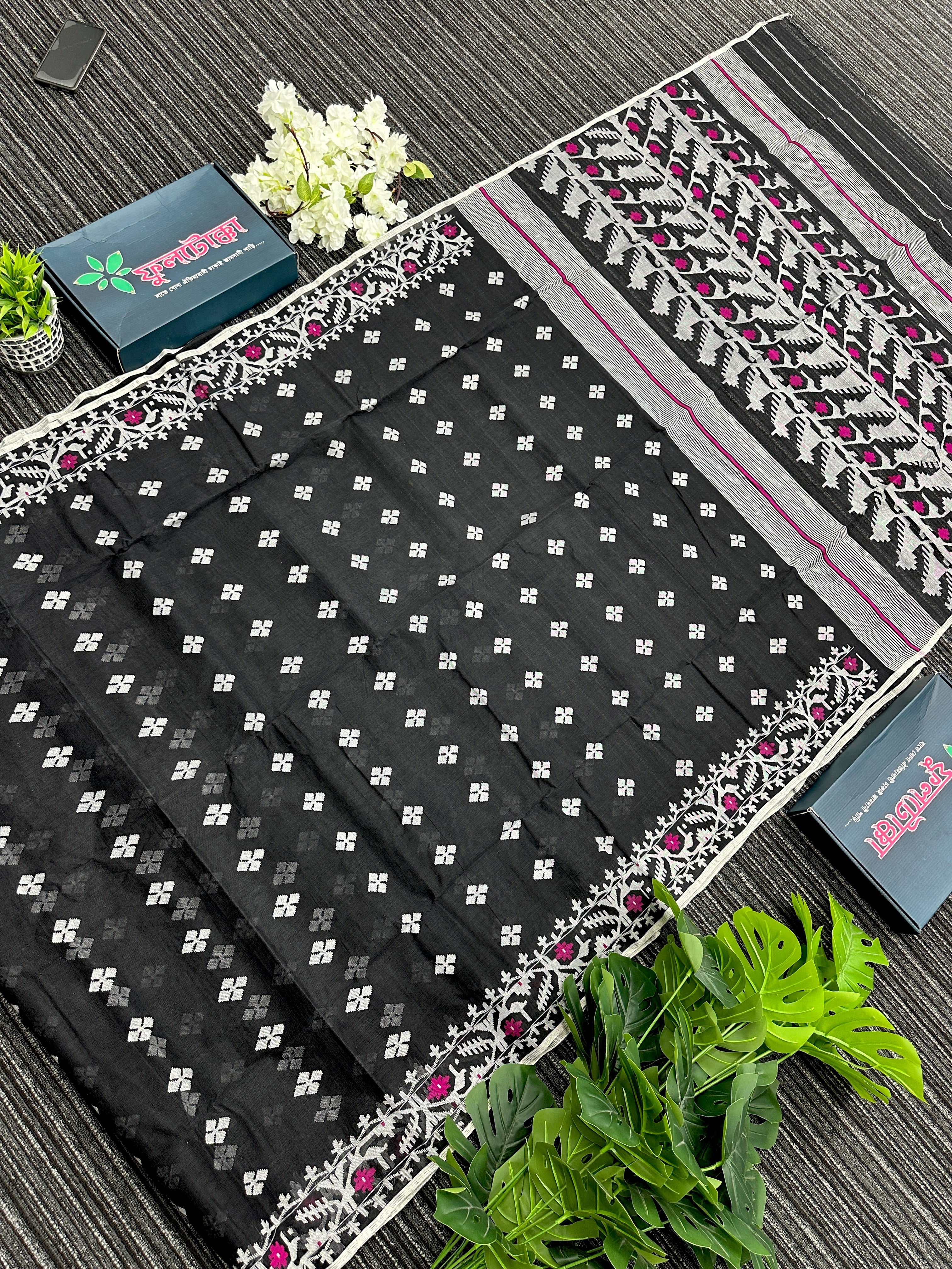 Black cotton jamdani saree with white threads and pink meena work