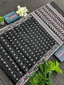 Black cotton jamdani saree with white threads and pink meena work