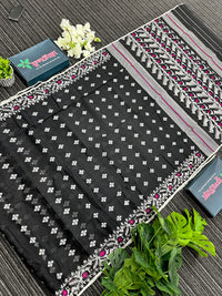 Black cotton jamdani saree with white threads and pink meena work