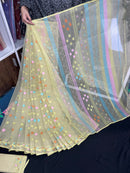 Baby yellow halfsilk jamdani saree with pink blue orange yellow threads work