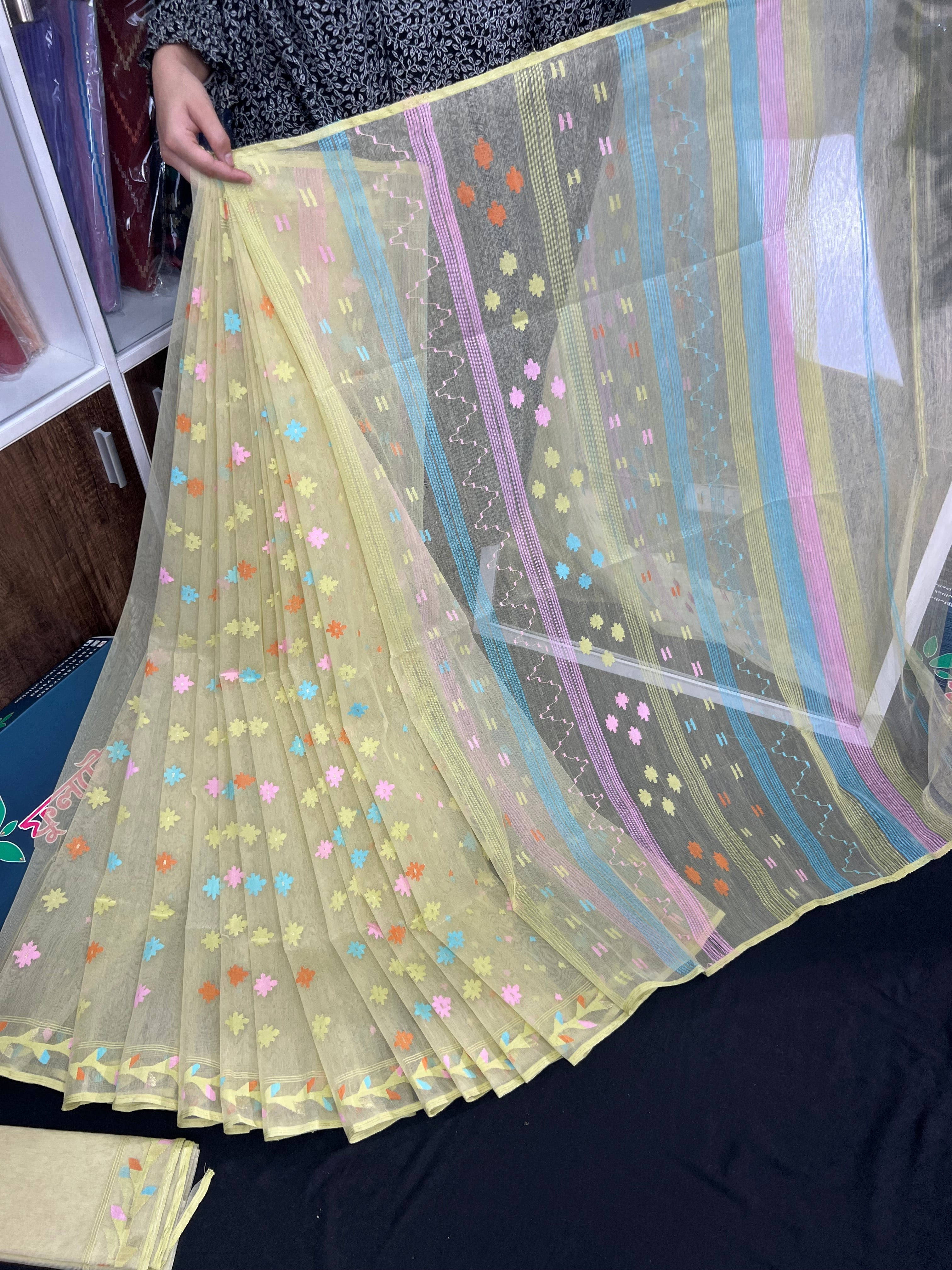 Baby yellow halfsilk jamdani saree with pink blue orange yellow threads work