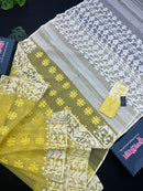 Yellow Colour Original Handloom Halfsilk Dhakai Jamdani With White Threads Work