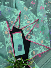 Bright Teal Blue dhakai Jamdani saree with pink border all over work soft count.