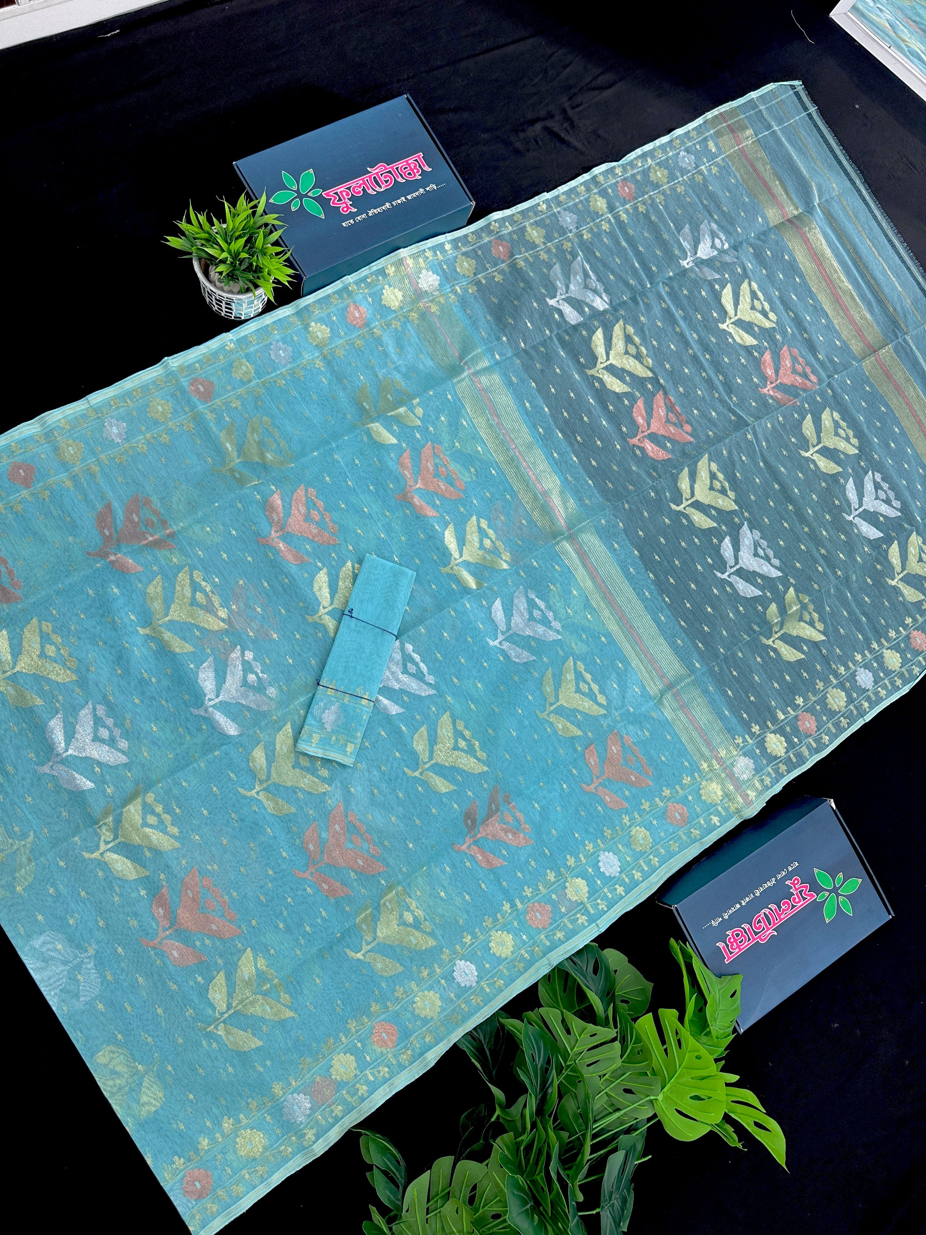 Ocean blue halfsilk jamdani saree with golden silver & copper jori work