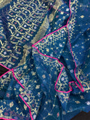 Peacock blue jamdani saree with golden silver copper jori work and pink border
