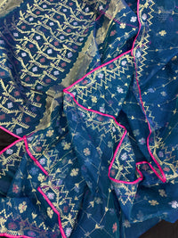 Peacock blue jamdani saree with golden silver copper jori work and pink border