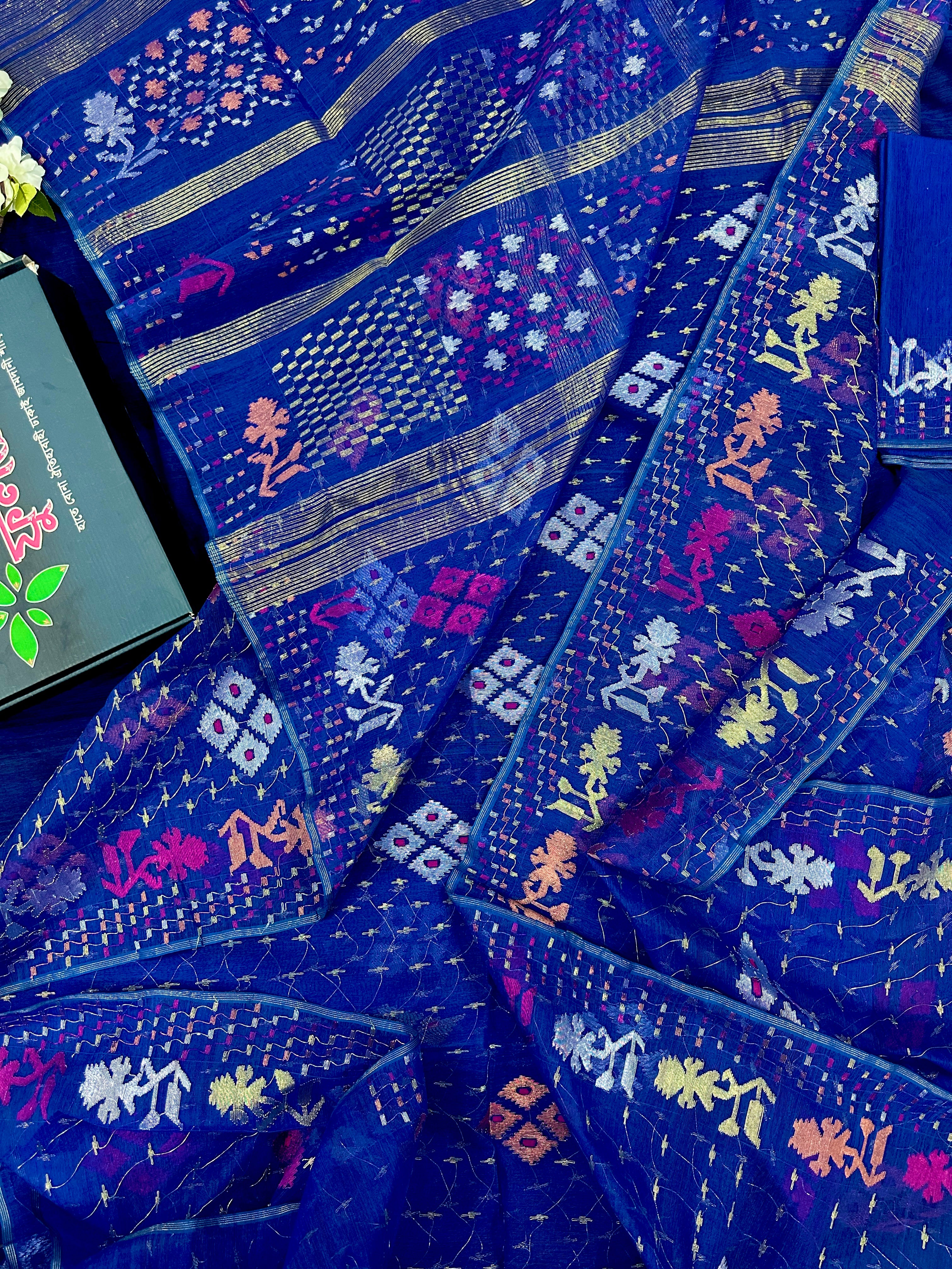 Blue jamdani saree with golden silver & copper jori work also pink jori work
