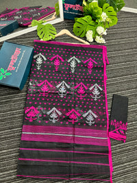 Black cotton jamdani saree with magenta threads work and silver jori work