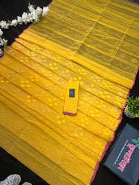 Yellow colour handloom halfsilk dhakai jamdani saree with pink border