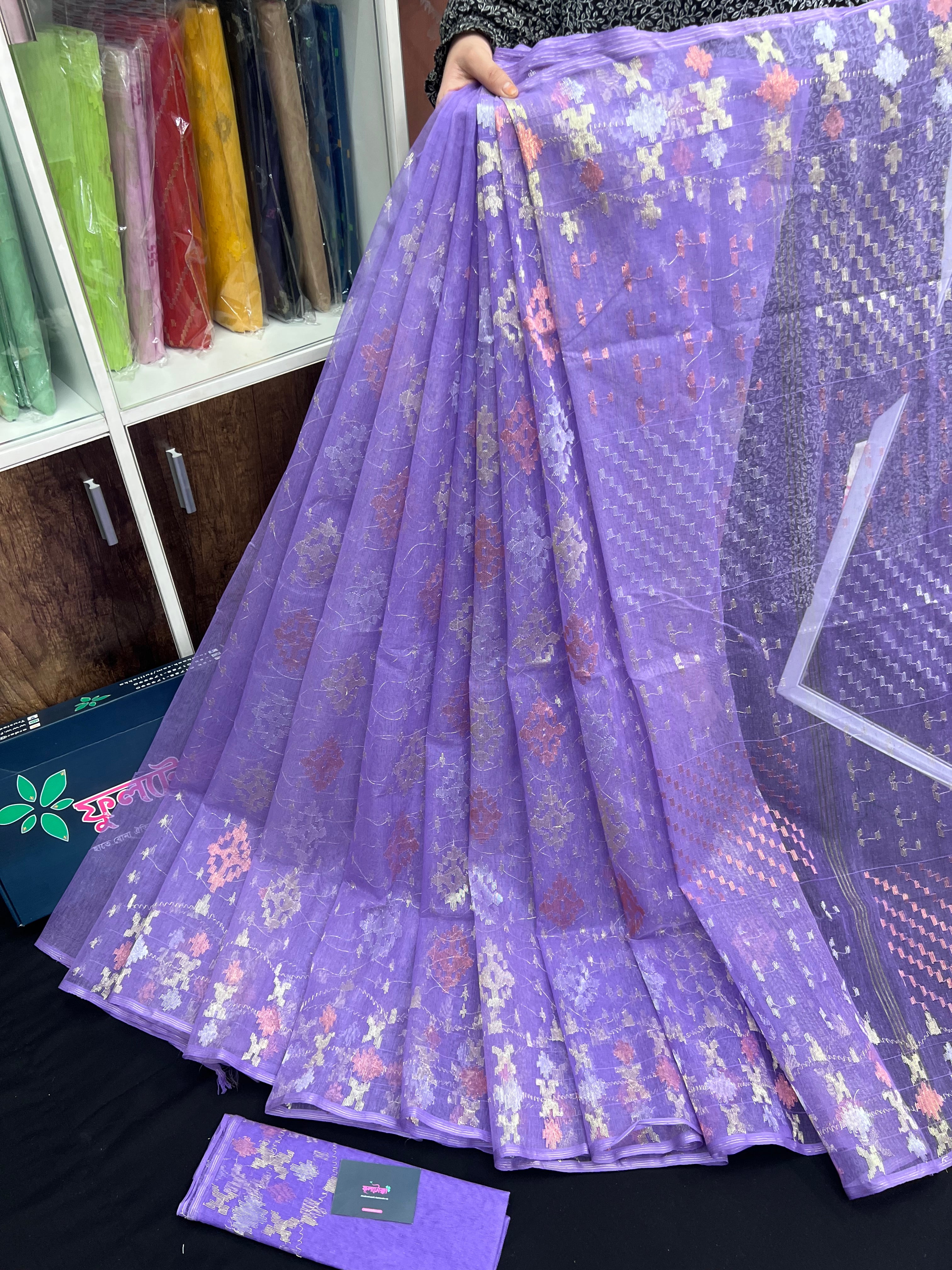 Lavender Colour Original Handloom Halfsilk Dhakai Jamdani With Golden Silver & Copper Jori Work