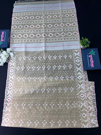 Creamy White Halfsilk Handloom Dhakai Jamdani Saree With White Thread Work & Pink Meena Work