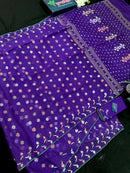 Purple halfsilk jamdani saree golden silver & copper jori work all over soft count.
