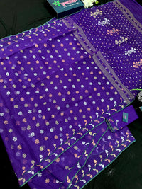 Purple halfsilk jamdani saree golden silver & copper jori work all over soft count.