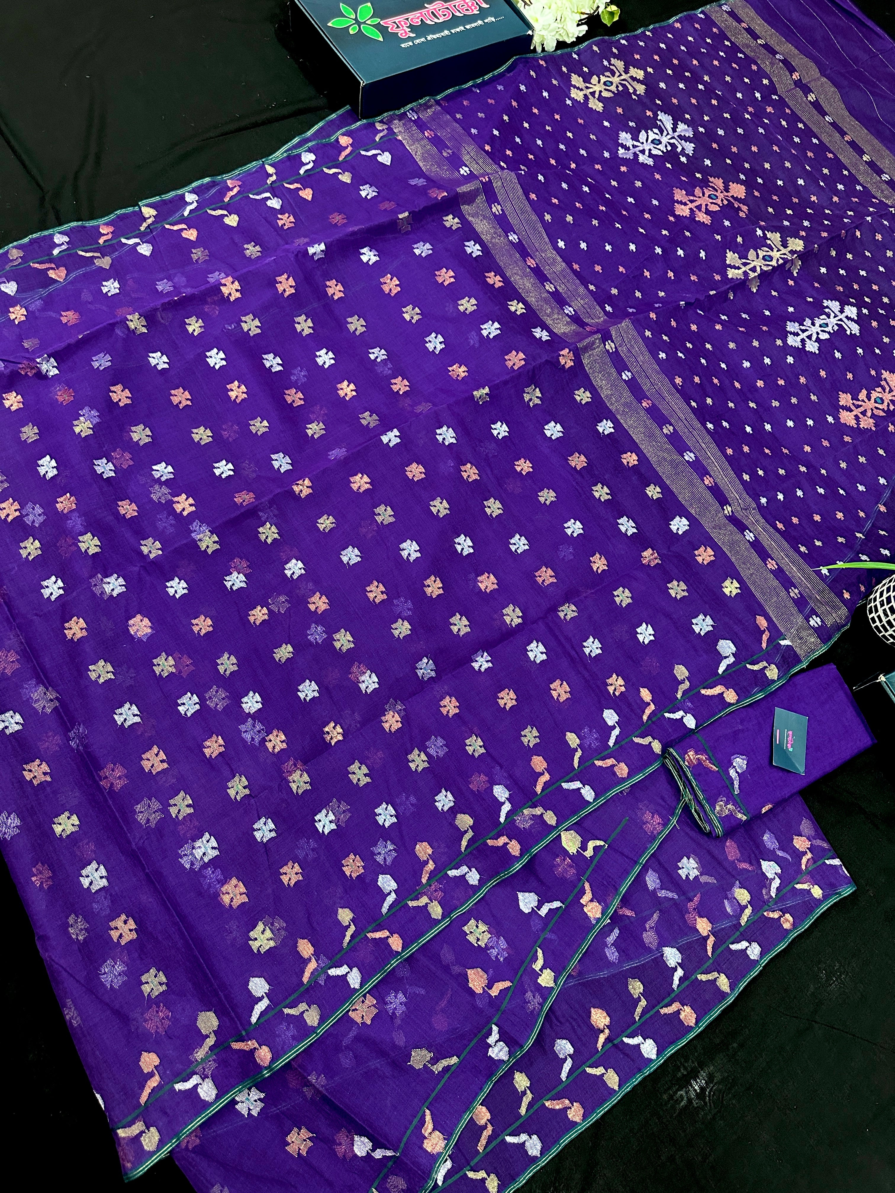 Purple halfsilk jamdani saree golden silver & copper jori work all over soft count.
