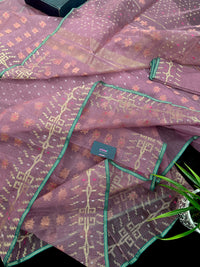 Onion colour jamdani saree with pink meena and green border.