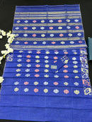 Royal Blue Original Handloom Dhakai Jamdani Saree With Golden Silver & Copeer Jori Work