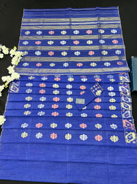Royal Blue Original Handloom Dhakai Jamdani Saree With Golden Silver & Copeer Jori Work