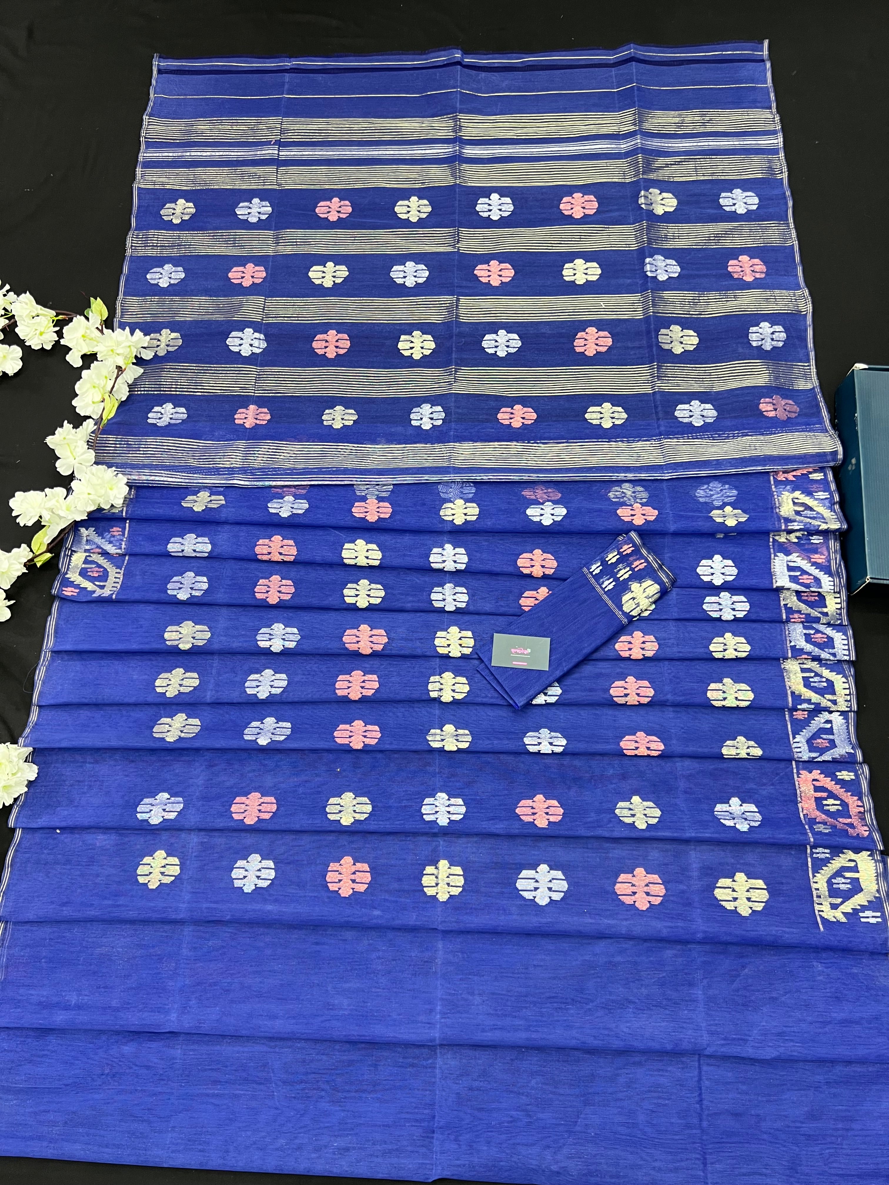 Royal Blue Original Handloom Dhakai Jamdani Saree With Golden Silver & Copeer Jori Work