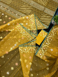 Yellow Original Handloom Dhakai Jamdani With Golden Silver & Copper Jori Work