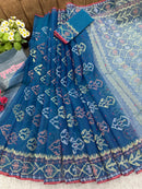 Peacock blue handloom original dhakai Jamdani saree with golden silver & copper jori wori work