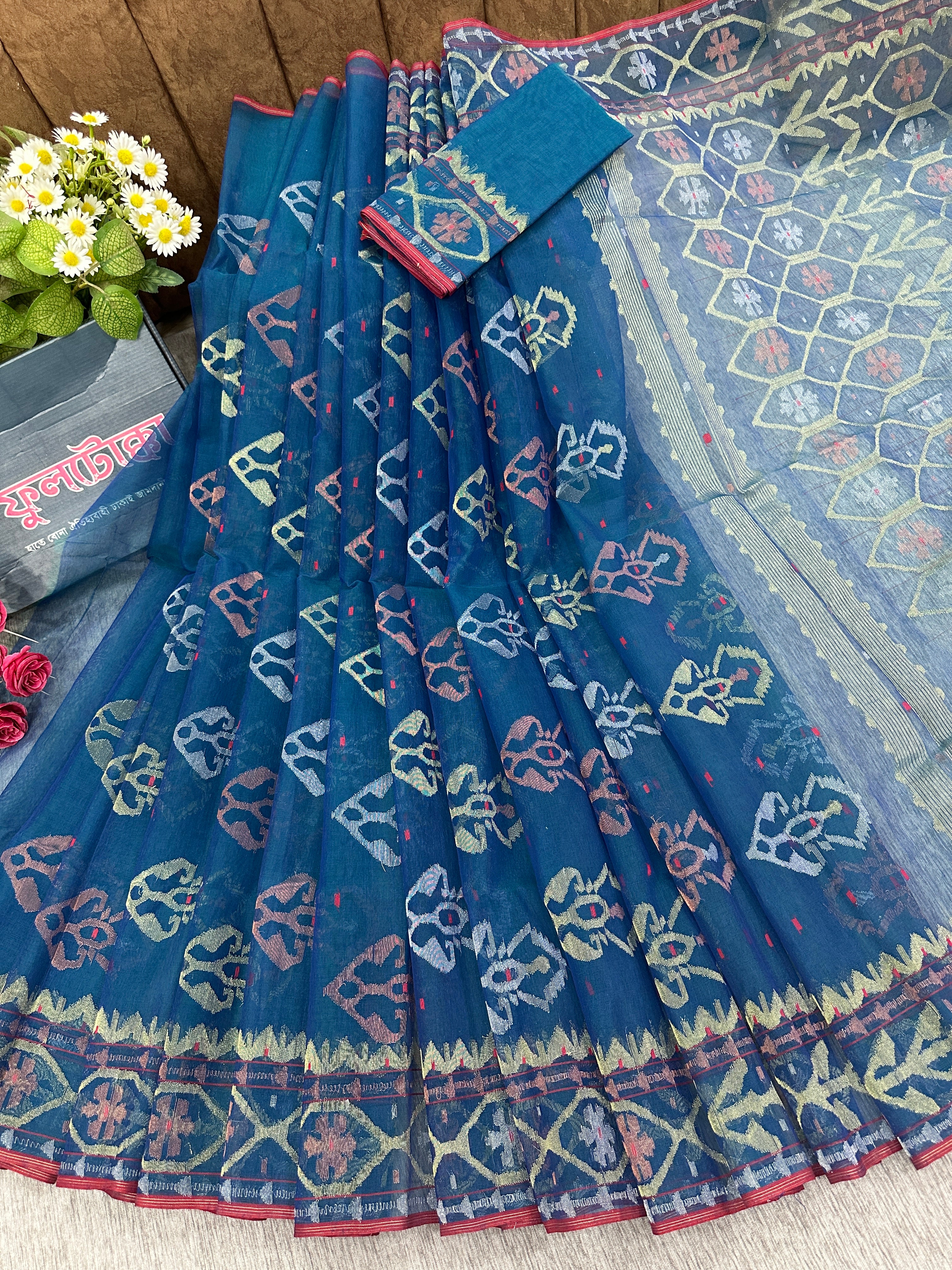 Peacock blue handloom original dhakai Jamdani saree with golden silver & copper jori wori work