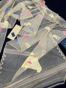 Baby yellow halfsilk jamdani saree with blue pink baby yellow threads work.