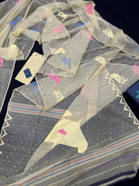 Baby yellow halfsilk jamdani saree with blue pink baby yellow threads work.