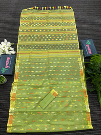 Olive green halfsilk jamdani saree with orange and olive threads work