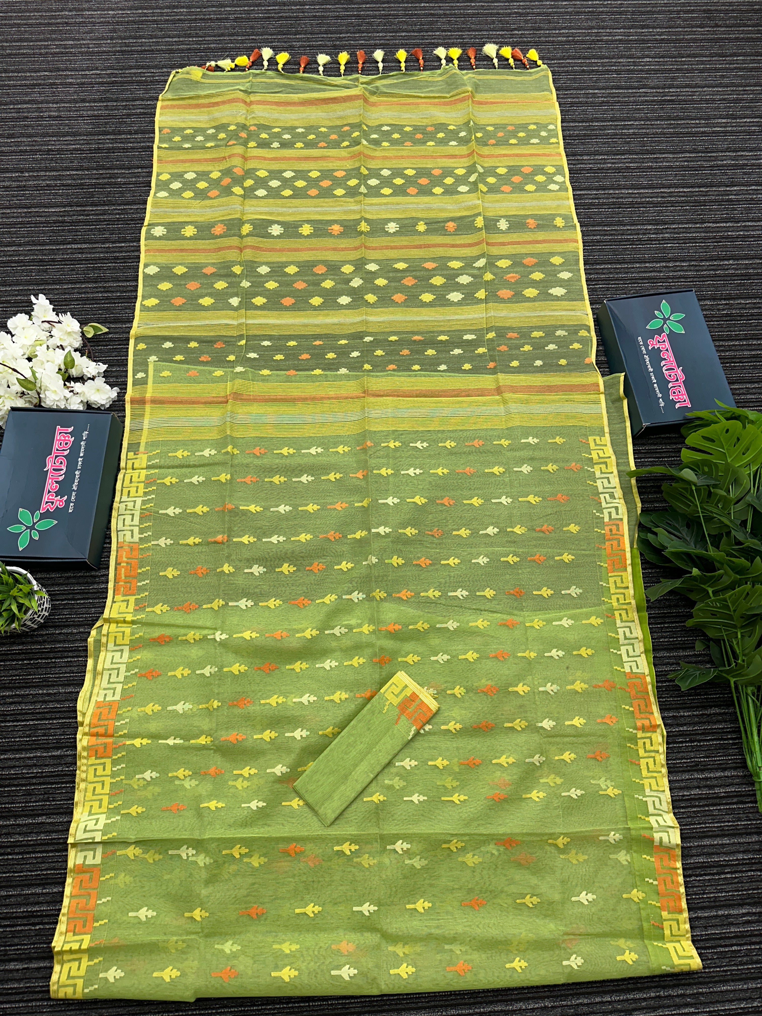Olive green halfsilk jamdani saree with orange and olive threads work